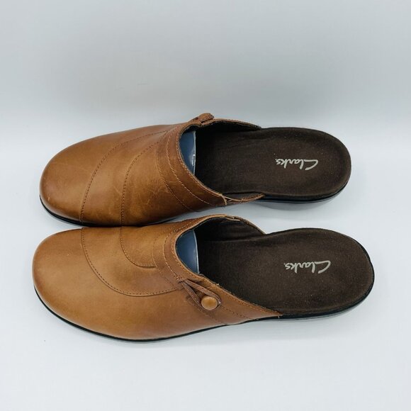 Clarks Shoes Womens Size 11 M Brown Leather Comfort Mules Clogs Slip On Heeled - Picture 6 of 11